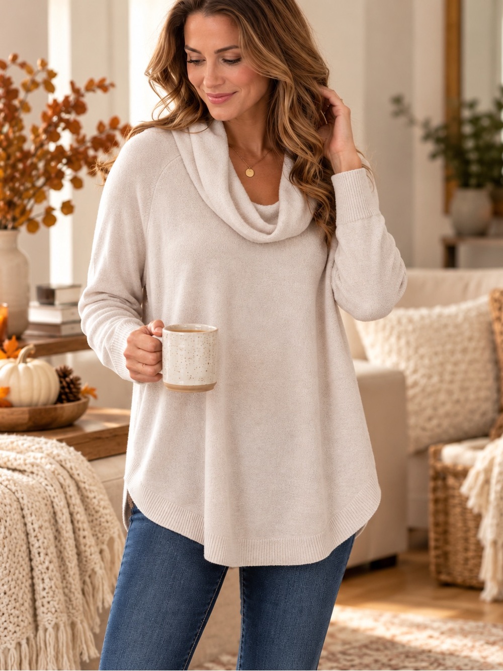 Barefoot Dreams CozyChic Ultra Lite Cowl Neck Tunic Sweater Medium Sand Dune